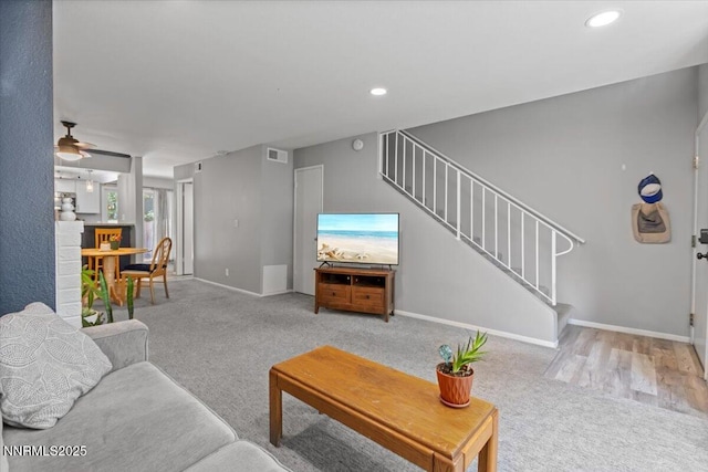 423 Barclay Ct, Reno, NV 89511 - living room with carpet floors, stairs, ceiling fan, baseboards, and recessed lighting