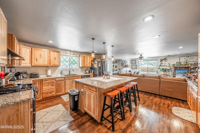 9365 Gremlin Way, Reno, NV 89506 - kitchen featuring a sink, appliances with stainless steel finishes, light brown cabinets, a kitchen island, and open floor plan