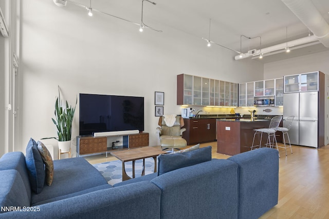 255 N Sierra St Unit 305, Reno, NV 89501 - living room with a high ceiling, light wood finished floors, and track lighting