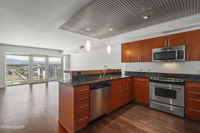 255 N Sierra St Unit 2113, Reno, NV 89501 - kitchen featuring appliances with stainless steel finishes, a peninsula, dark wood-type flooring, and pendant lighting