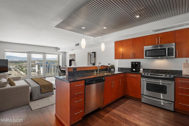 255 N Sierra St Unit 2113, Reno, NV 89501 - kitchen featuring stainless steel appliances, open floor plan, a peninsula, dark wood-style flooring, and hanging light fixtures