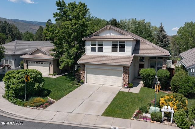 799 Caughlin Gln, Reno, NV 89519 - tri-level home with stone siding, a front yard, concrete driveway, an attached garage, and a tile roof