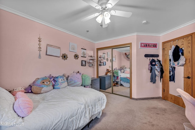 5595 Kluncy Canyon Rd, Winnemucca, NV 89445 - bedroom with light carpet, crown molding, baseboards, ceiling fan, and a closet