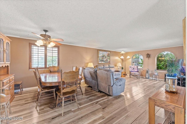 4415 Leche Way, Reno, NV 89502 - dining room with a textured ceiling, light wood finished floors, crown molding, a ceiling fan, and plenty of natural light