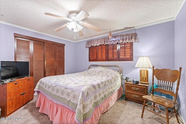 4415 Leche Way, Reno, NV 89502 - carpeted bedroom with a closet, ornamental molding, a textured ceiling, and ceiling fan