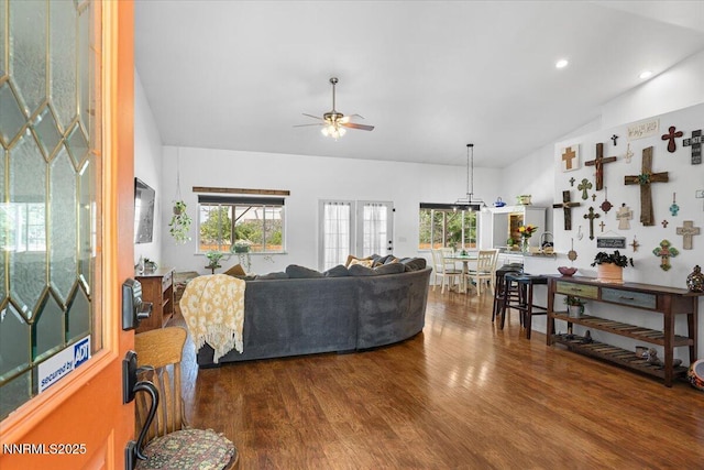 1055 Golden Park Way, Fallon, NV 89406 - living room with a ceiling fan, wood finished floors, healthy amount of natural light, and high vaulted ceiling