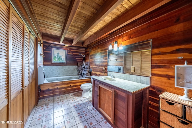 15118 N Timberline Dr, Reno, NV 89511 - full bathroom featuring wood walls, toilet, vanity, bathtub / shower combination, and wood ceiling with exposed beams