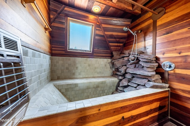 15118 N Timberline Dr, Reno, NV 89511 - full bathroom with wooden walls, wooden ceiling, and tiled shower