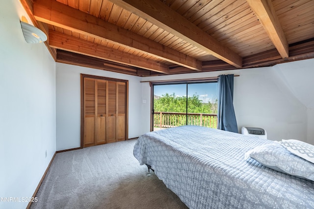 15118 N Timberline Dr, Reno, NV 89511 - bedroom with carpet, access to outside, wooden ceiling with exposed beams, and baseboards