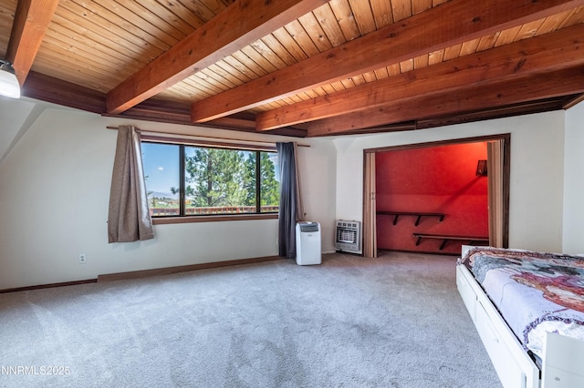 15118 N Timberline Dr, Reno, NV 89511 - bedroom with carpet flooring, wooden ceiling with exposed beams, heating unit, and baseboards