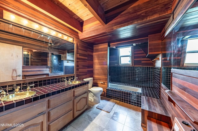 15118 N Timberline Dr, Reno, NV 89511 - bathroom with wooden ceiling, toilet, wood walls, double vanity, and a relaxing tiled tub