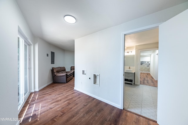 15118 N Timberline Dr, Reno, NV 89511 - hallway with electric panel, wood finished floors, and baseboards