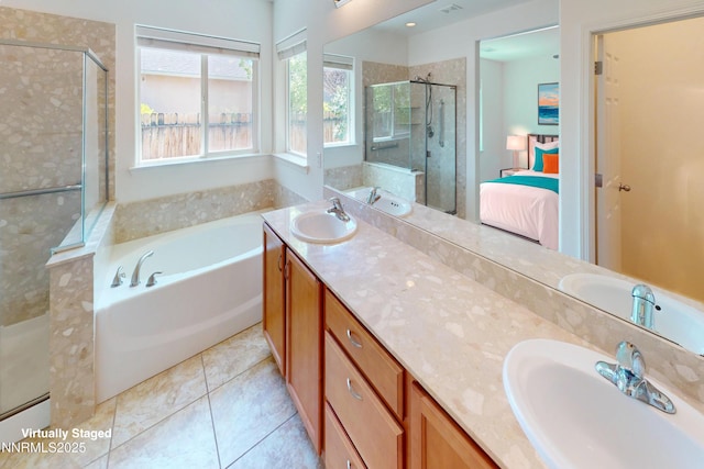 1509 Lasso Ln, Gardnerville, NV 89410 - full bathroom with a stall shower, a garden tub, double vanity, ensuite bathroom, and tile patterned floors