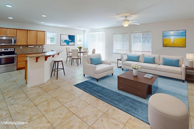 1509 Lasso Ln, Gardnerville, NV 89410 - living room featuring light tile patterned flooring, recessed lighting, and ceiling fan