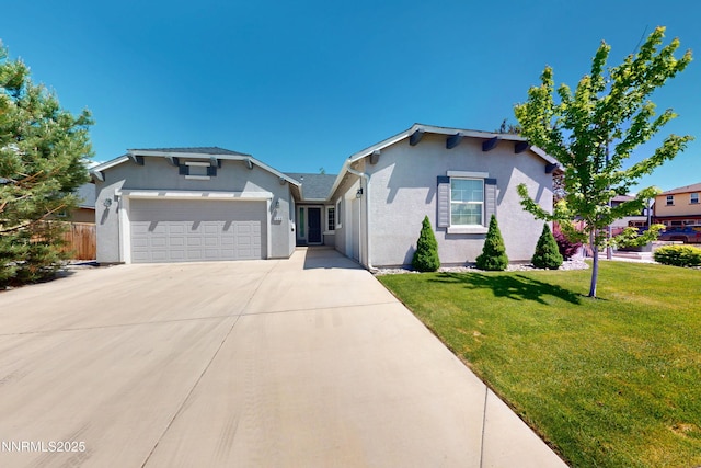 1509 Lasso Ln, Gardnerville, NV 89410 - view of front of home with stucco siding, an attached garage, driveway, and a front lawn