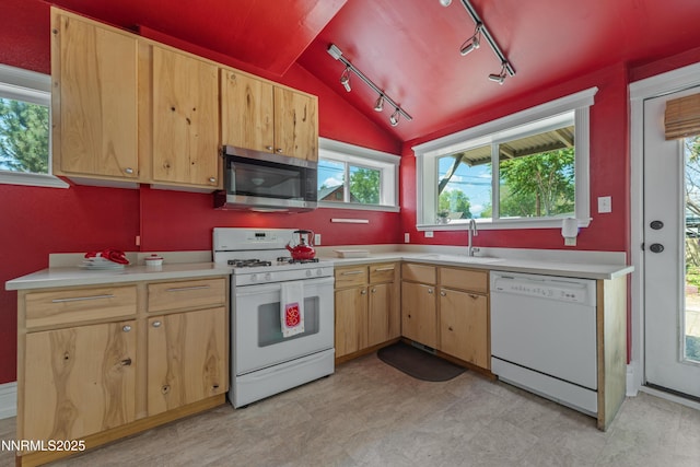 621 9th St, Sparks, NV 89431 - kitchen featuring white appliances, a sink, track lighting, light brown cabinets, and light countertops