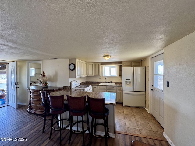 13995 Grass Valley Rd, Winnemucca, NV 89445 - kitchen featuring white appliances, a textured ceiling, a peninsula, a sink, and a kitchen breakfast bar