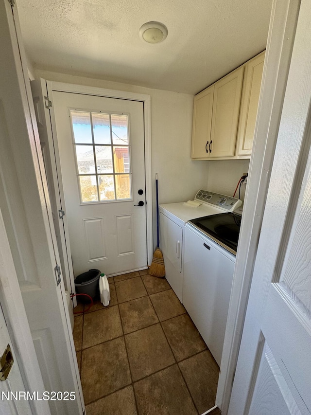 13995 Grass Valley Rd, Winnemucca, NV 89445 - washroom featuring cabinet space, washer and clothes dryer, a textured ceiling, and dark tile patterned flooring
