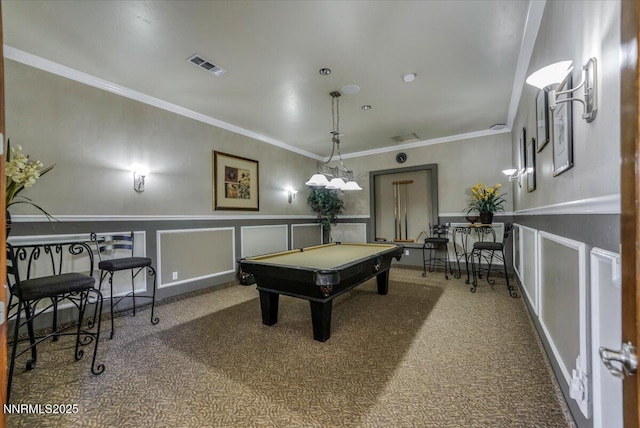 6850 Sharlands Ave Unit F2030, Reno, NV 89523 - rec room with carpet floors, billiards, crown molding, wainscoting, and a decorative wall