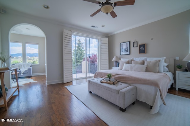 8270 Antler Pointe Ct, Reno, NV 89523 - bedroom featuring access to outside, crown molding, wood finished floors, arched walkways, and ceiling fan