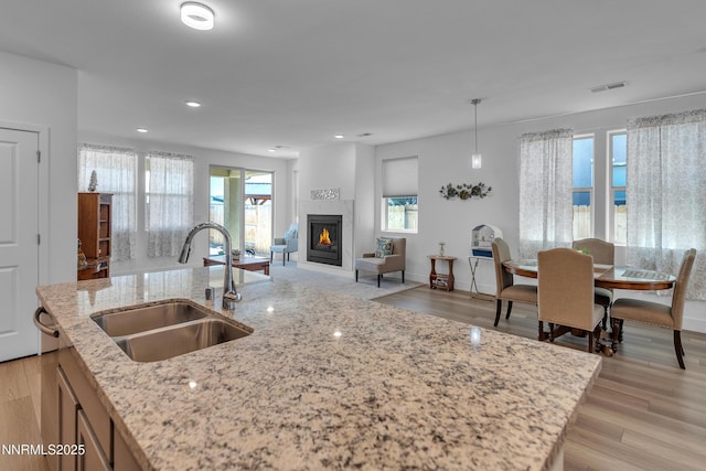 353 Radiant Dr, Carson City, NV 89705 - kitchen featuring a sink, open floor plan, a glass covered fireplace, light wood-type flooring, and light stone countertops