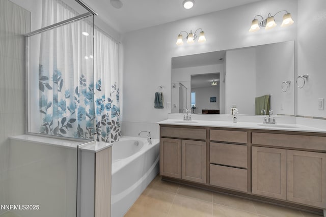 353 Radiant Dr, Carson City, NV 89705 - full bathroom with a bath, double vanity, tile patterned floors, and a shower