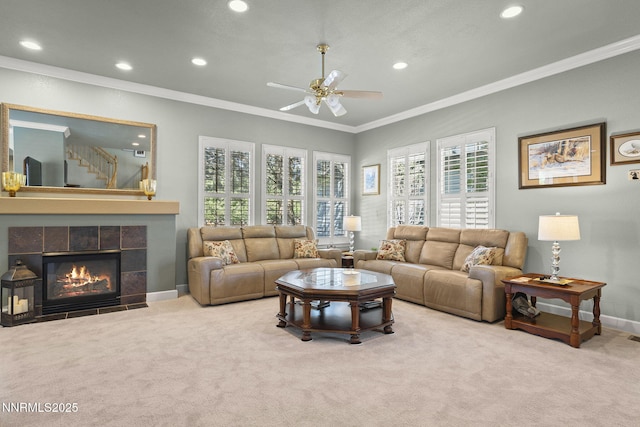 6694 Aston Cir, Sparks, NV 89436 - living area featuring ornamental molding, ceiling fan, recessed lighting, carpet flooring, and a tiled fireplace