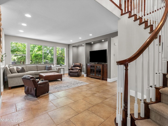 1121 Sageberry Ct, Reno, NV 89509 - living room with stairs, baseboards, and recessed lighting