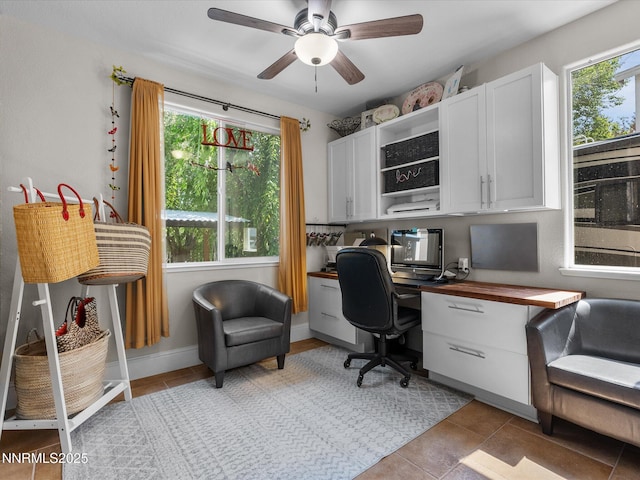 1121 Sageberry Ct, Reno, NV 89509 - home office featuring built in desk, healthy amount of natural light, ceiling fan, and light tile patterned floors