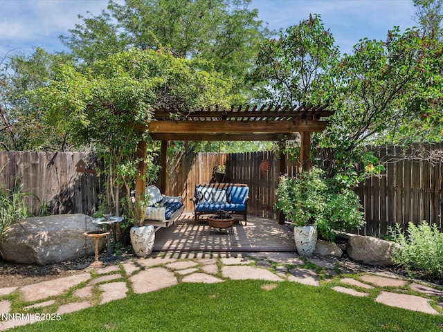 1121 Sageberry Ct, Reno, NV 89509 - fenced backyard with outdoor lounge area, a pergola, and a wooden deck