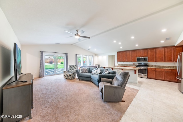 3720 Zoroaster Ct, Sparks, NV 89436 - living room with lofted ceiling, ceiling fan, light tile patterned floors, and recessed lighting