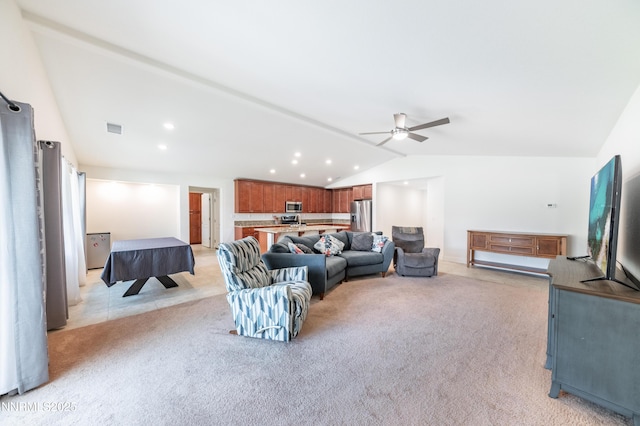 3720 Zoroaster Ct, Sparks, NV 89436 - living room with vaulted ceiling, a ceiling fan, light colored carpet, and recessed lighting