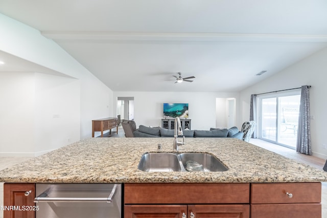 3720 Zoroaster Ct, Sparks, NV 89436 - kitchen featuring a sink, open floor plan, a ceiling fan, and light stone countertops
