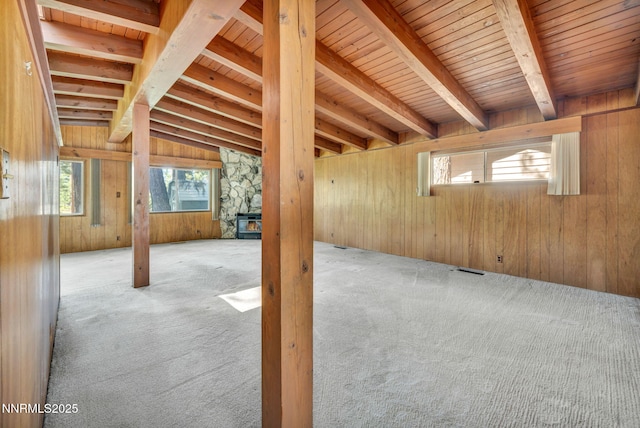 161 Willow Dr, Zephyr Cove, NV 89448 - carpeted spare room featuring a wooden ceiling with exposed beams and wooden walls