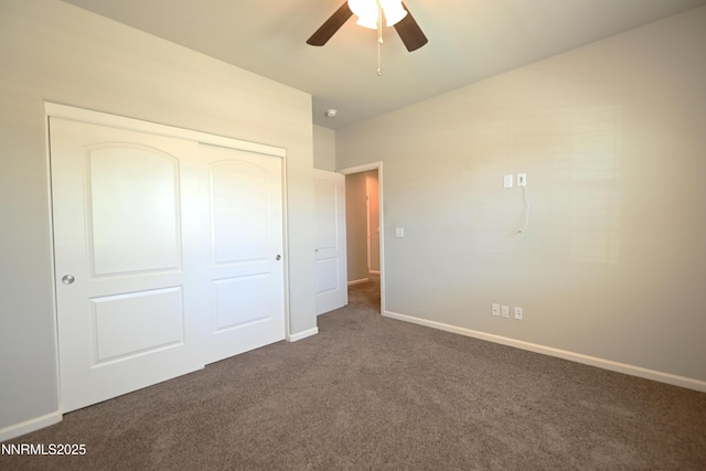 226 Red Oak Dr, Fernley, NV 89408 - unfurnished bedroom featuring dark carpet, a closet, and ceiling fan