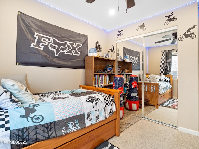 733 Bowles Ln, Gardnerville, NV 89460 - bedroom with a closet, speckle patterned floor, a ceiling fan, and baseboards