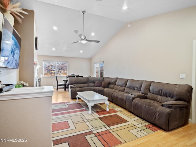 733 Bowles Ln, Gardnerville, NV 89460 - living room with light wood-style flooring, a ceiling fan, recessed lighting, and high vaulted ceiling