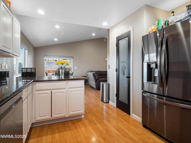 733 Bowles Ln, Gardnerville, NV 89460 - kitchen with stainless steel fridge, dishwashing machine, light wood-style floors, a peninsula, and recessed lighting