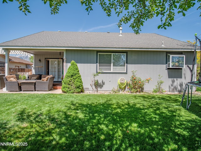 733 Bowles Ln, Gardnerville, NV 89460 - back of house featuring an outdoor living space, a patio area, and roof with shingles