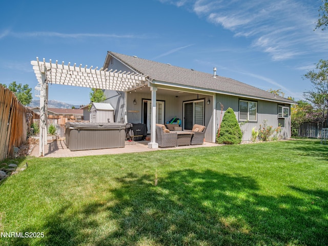 733 Bowles Ln, Gardnerville, NV 89460 - rear view of house featuring a hot tub, an outdoor living space, a pergola, and a patio