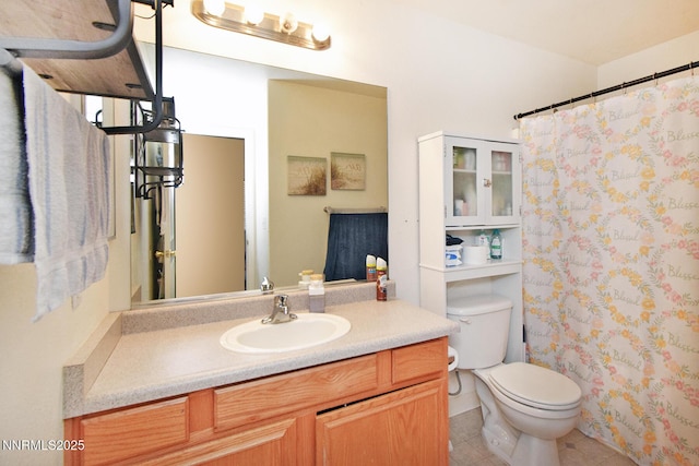 17711 Casita Ct, Reno, NV 89508 - bathroom with toilet, vanity, tile patterned floors, and a shower with curtain