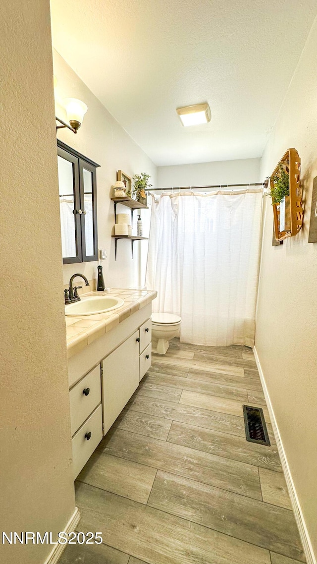 241 W National Ave, Winnemucca, NV 89445 - bathroom with vanity, wood finished floors, toilet, and curtained shower