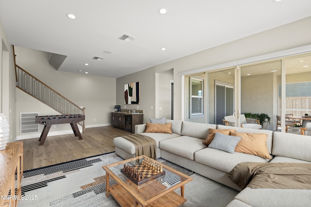 2241 Cold Creek Trl, Reno, NV 89523 - living room with wood finished floors, recessed lighting, and stairs
