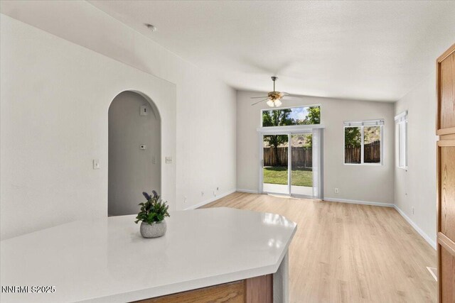 7250 Timber Ridge Ct, Reno, NV 89523 - unfurnished dining area with ceiling fan, light wood-type flooring, vaulted ceiling, and arched walkways