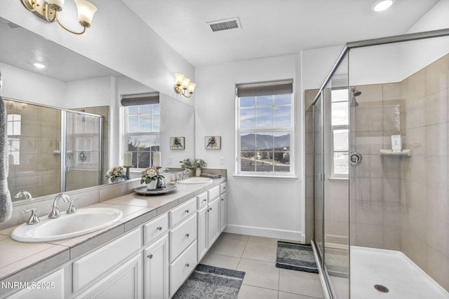 1248 Cinch Trl Unit 3, Gardnerville, NV 89410 - bathroom featuring double vanity, tile patterned floors, a shower stall, and recessed lighting