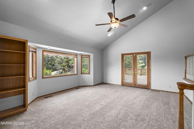 430 E Queen Way, Sparks, NV 89431 - carpeted empty room featuring ceiling fan, high vaulted ceiling, french doors, and baseboards