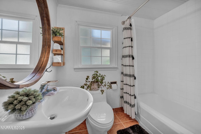 705 Elm St, Carson City, NV 89703 - bathroom with tile patterned flooring, crown molding, shower / bathtub combination with curtain, and plenty of natural light