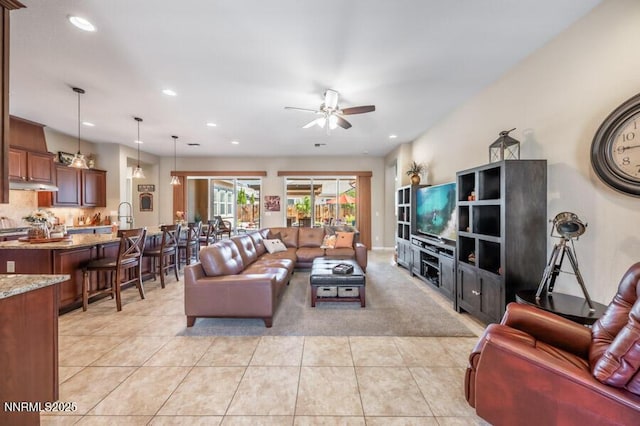 9800 Hafflinger Ln, Reno, NV 89521 - living area with a ceiling fan, light tile patterned floors, and recessed lighting