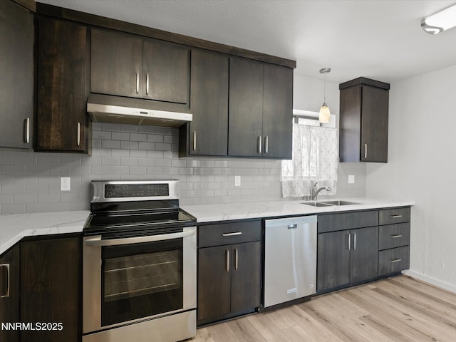 605 Jerry Dr, Zephyr Cove, NV 89448 - kitchen featuring appliances with stainless steel finishes, under cabinet range hood, a sink, light wood-style flooring, and decorative backsplash