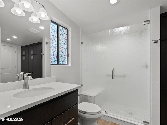 605 Jerry Dr, Zephyr Cove, NV 89448 - full bath with vanity, a stall shower, toilet, recessed lighting, and wood finished floors